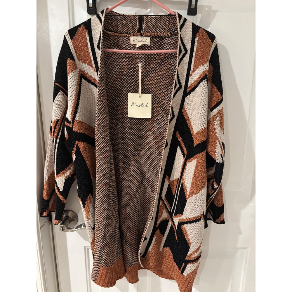 Marled Open Front‎ Geometric Knit Cardigan Boho Aztec Black Tan Cream Duster